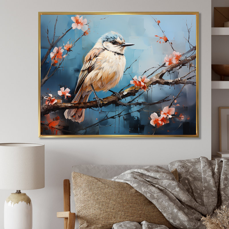 «Winter Birds On Snowdrops Branch» sur toile, H 24 po x l 32 po x P 1 po, Cadre doré simple