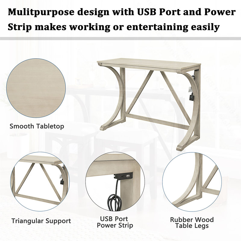 Ensemble de table de salle à manger 3 pièces à hauteur de comptoir avec charge USB, tabourets rembourrés et conception compacte pour une vie moderne