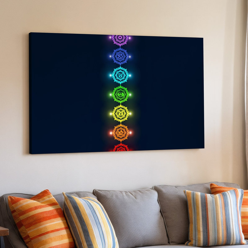 Reproduction d'art sur toile, "Une composition verticale" avec sept symboles de chakra disposés en art mural