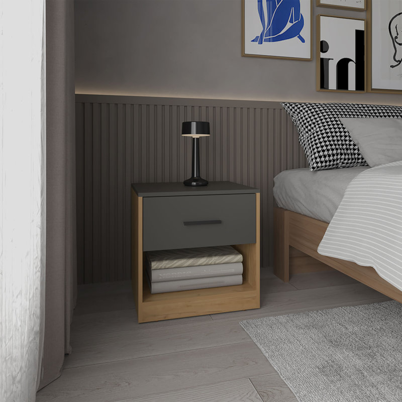 Table de bout de table de chevet à un tiroir avec tablette ouverte 19,7 "de haut avec tablette ouverte pour la chambre à coucher, le bureau personnel et le salon Chêne naturel - Gris mat