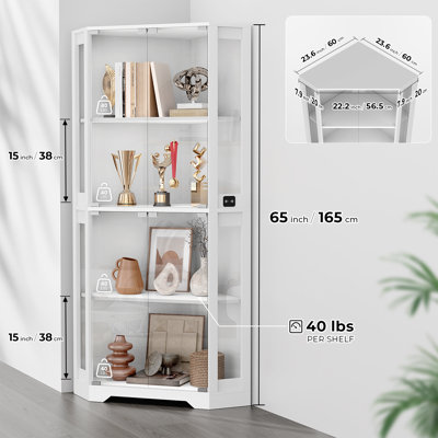 Corner Display Cabinet with Glass Doors, 65" Lighted Curio Display Case with 3 Color Lights for Collectibles, 4-Tier Bookcase with Human Body Sensor for Living Room