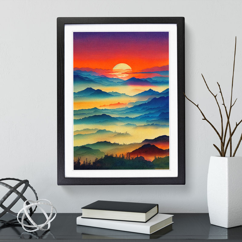 XV1022-4312X Sunset Mountain No.2 - Single Picture Frame Print, Black Framed, 64cm H x 46cm W