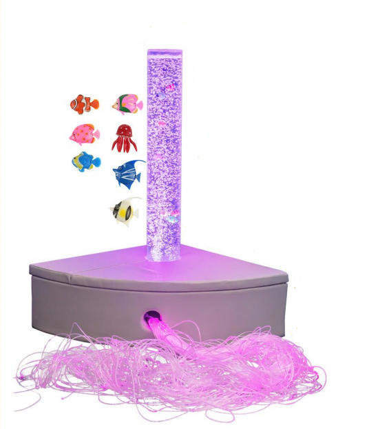 Tube à bulles sensoriel 4 pi avec fibre optique et base de canapé rembourrée - Lampe à bulles multisensorielle à DEL pour apaiser, stimuler visuellement, explorer tactile - pour salle sensorielle, espace de thérapie, maison