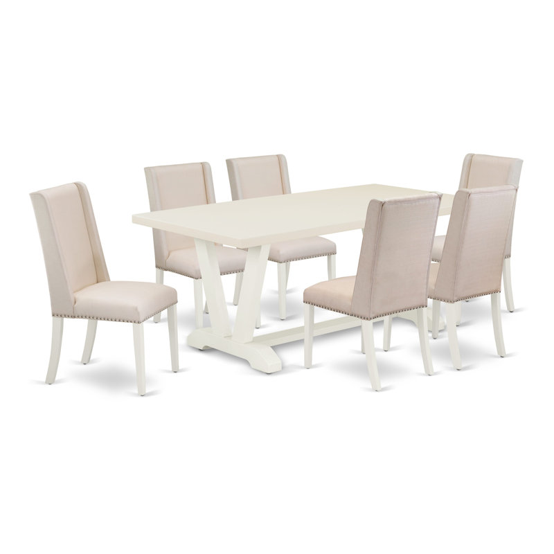 L'ensemble de table de salle à manger 7 pièces comprend une table en bois blanc lin et 6 chaises de cuisine en tissu crème - lin blanc brossé.