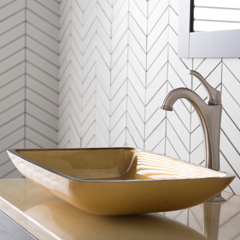 Glass Rectangular Vessel Bathroom Sink with Faucet, Brushed Nickel, Gold