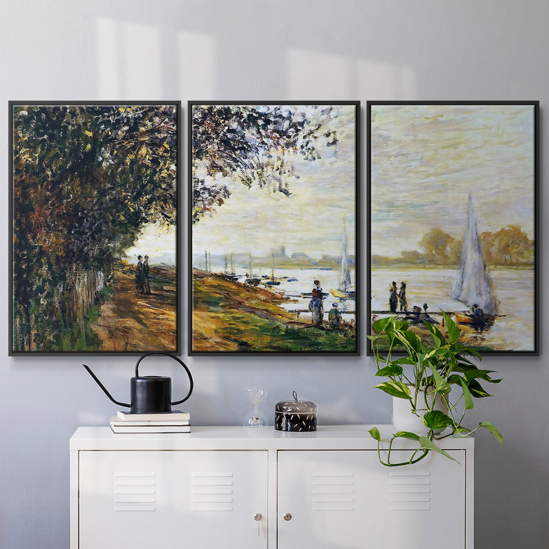 The Riverbank At Le Petit, reproduction sur toile 3 pièces, Noir