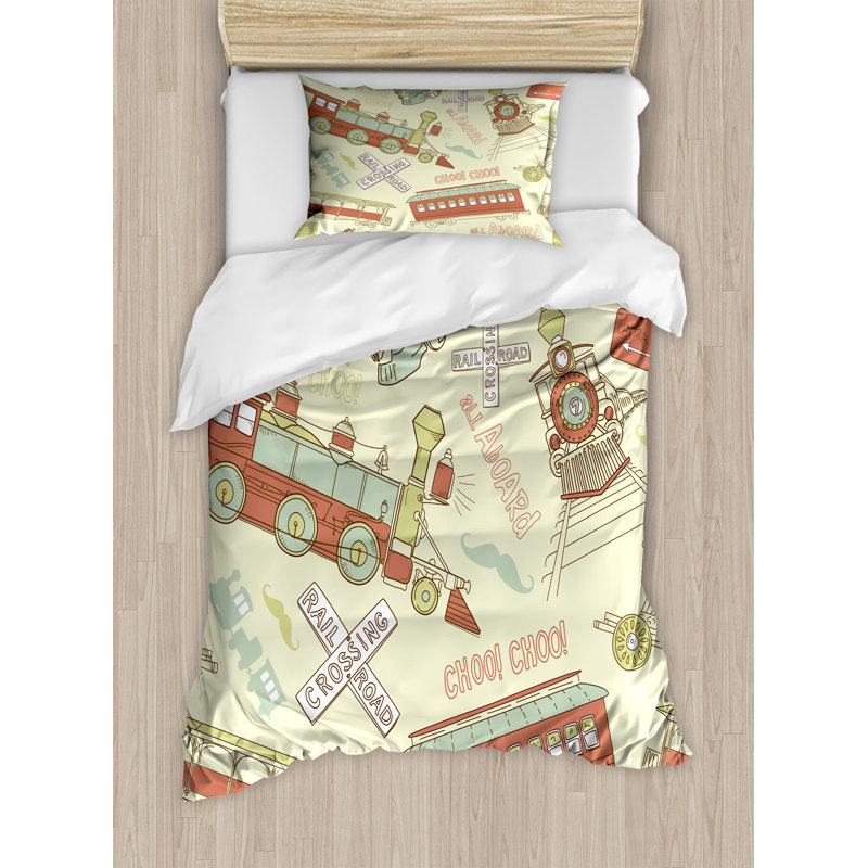 Ensemble de housse de couette Nuri Â Ambesonne Train, composition rétro Doodle, simple, multicolore