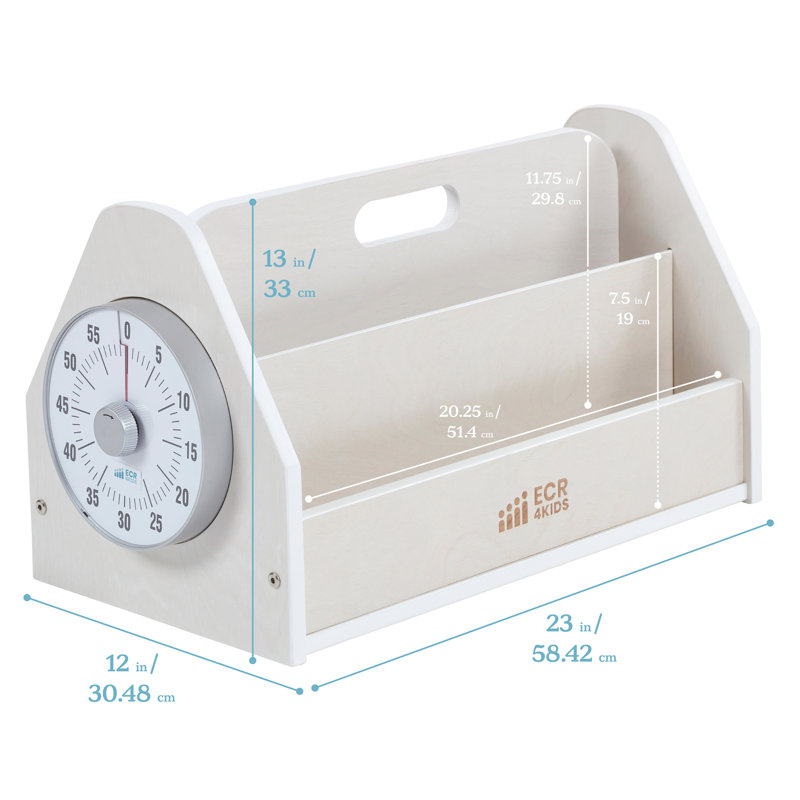 ECR4Kids Double-Sided Book Caddy with Countdown Timer, Portable Library, White Wash