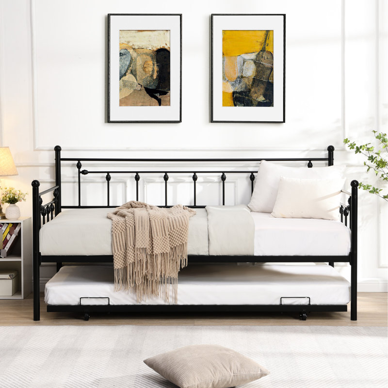 Lit de jour avec couchette en noir - aspect et fonctionnalité modernes, structure en métal pour la durabilité, économie d'espace, expérience stable et silencieuse, assemblage facile, s'adapte à toutes les tailles de matelas, couleur prise en charge de 250/350 lb