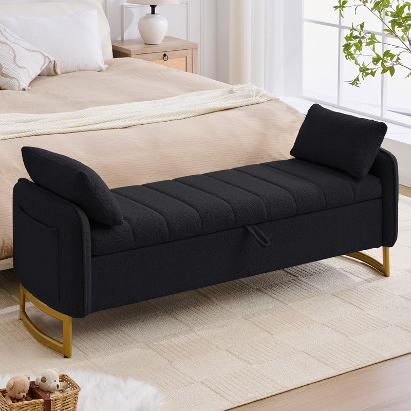 Lunara 66"W Upholstered Teddy Modern Bedroom Storage Bench End of Bed with Gold Legs,Arm Pocket and 2 Pillows, 66'' W