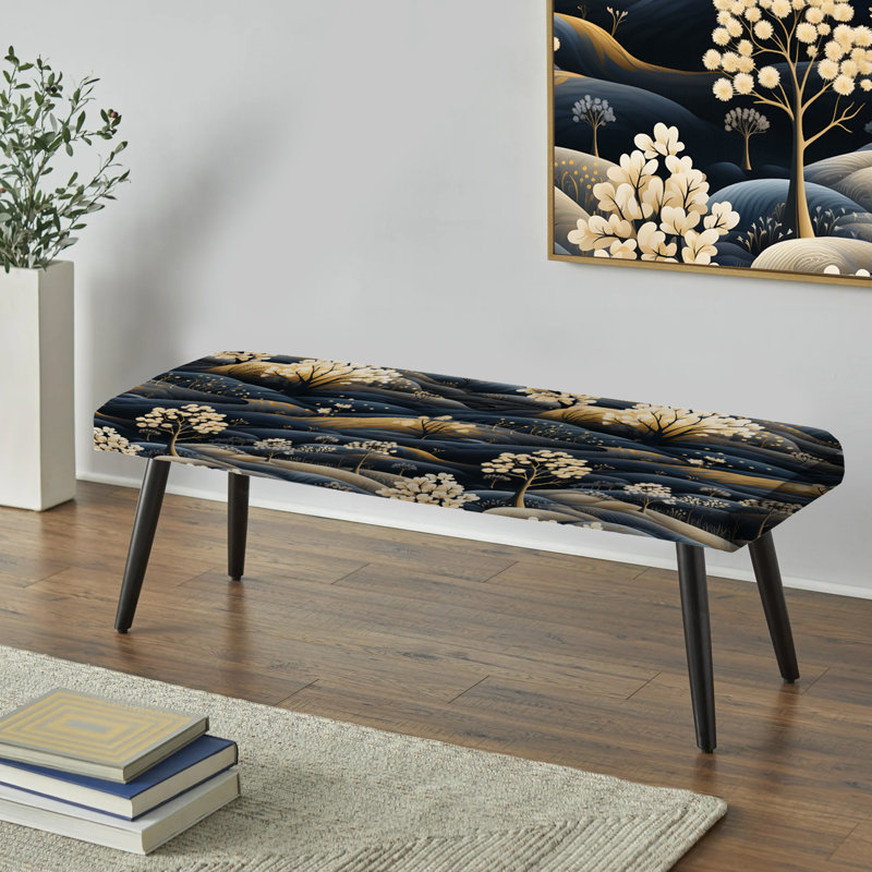 Dark Blue Scandinavian Mountain - Floral Upholstered Black Bench