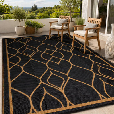 Tapis de terrasse extérieur réversible et imperméable, en paille de polypropylène tissée, pliable et lavable, idéal pour VR, camping, terrasse, jardin, plage et pique-nique - 2,4 x 3 m ou 2,7 x 3,6 m, noir/blanc ou brun/noir