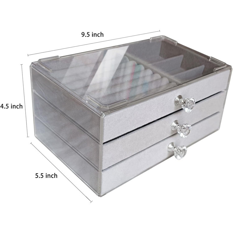 Boîte à bijoux à trois tiroirs en acrylique pour bagues et accessoires, Gris