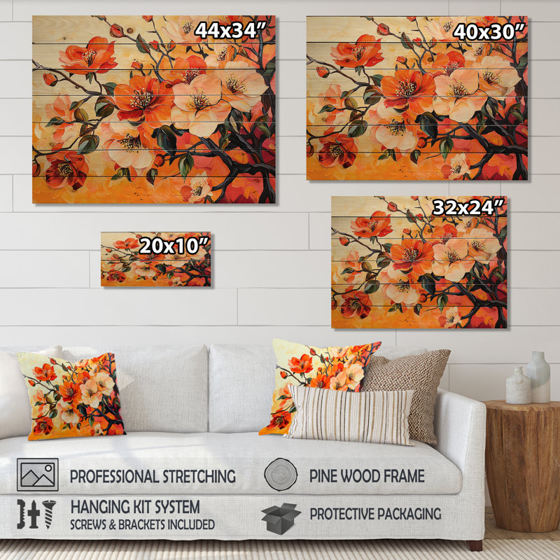 Coucher de soleil aux teintes de fleur de pommier - Art mural traditionnel en bois sur bois de pin naturel, H 10 po x l 20 po