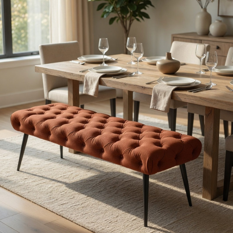 Banc Lila, siège en mousse, tissu touffeté orange rouille, pieds noirs de 47 po, Orange rouillé
