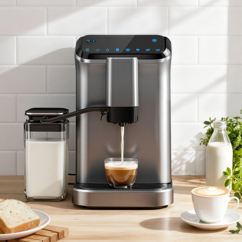 Machine à café et à espresso entièrement automatique avec mousseur à lait et écran tactile intelligent Euhomy 20 Bar, autonettoyant, réservoir d'eau amovible, gris acier
