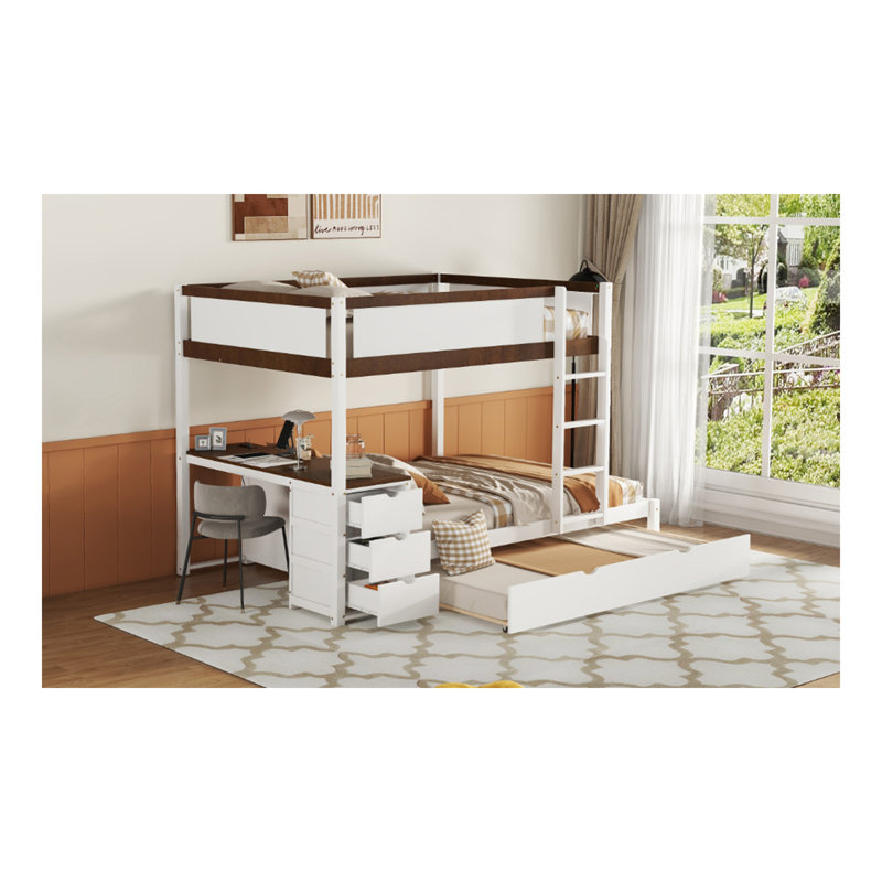 Lit superposé double avec lit gigogne simple, rangement et bureau, blanc et noyer, Lit double