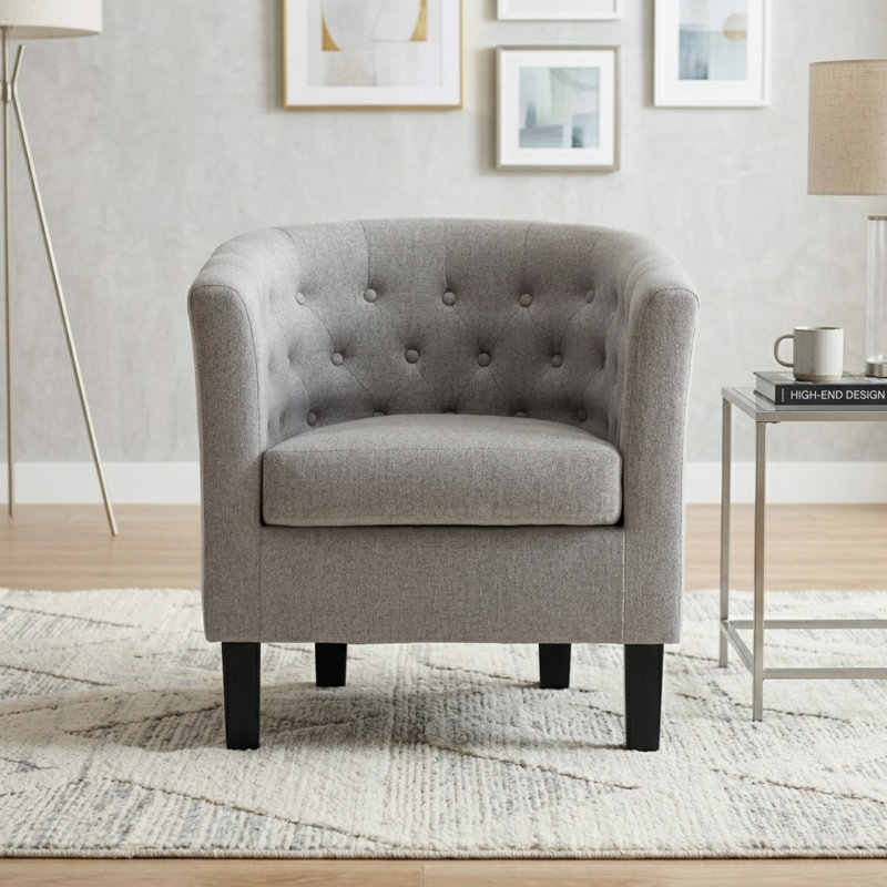 Tufted Upholstered Barrel Chair with Wooden Legs, Gray