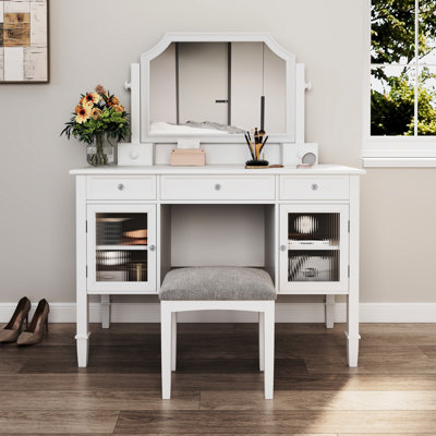 44.4" Dressing Desk With 28.4" Adjustable Mirror, 5 Drawer Storage, 2 Cabinet Organizer, White Minimalist Design, Bedroom Makeup Table Vanity Swivel Drawers, Cabinets, Finish, And Stable Station