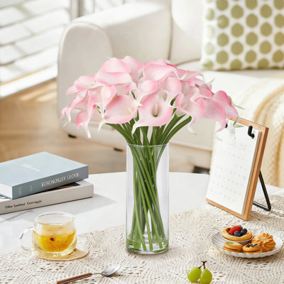 24 lys Calla artificiels avec vase - fleurs artificielles réalistes pour la décoration intérieure, grand vase en verre de 8 pouces inclus, arrangement floral en soie prêt à présenter pour table, mariage, cadeau