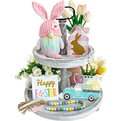 Décorations de Pâques, plateau de gnome de Pâques à plusieurs niveaux, enseignes en bois de Pâques scintillantes, camion rempli d'œufs, peluche de lapin de gnome de Pâques, guirlande de perles de Pâques au printemps, décor de Pâques rustique cam