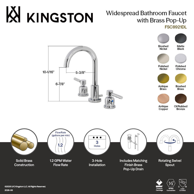 Kingston Brass Concord Two-Handle 3-Hole Deck Mount Widespread Bathroom Faucet with Brass Pop-Up Drain, Antique Brass