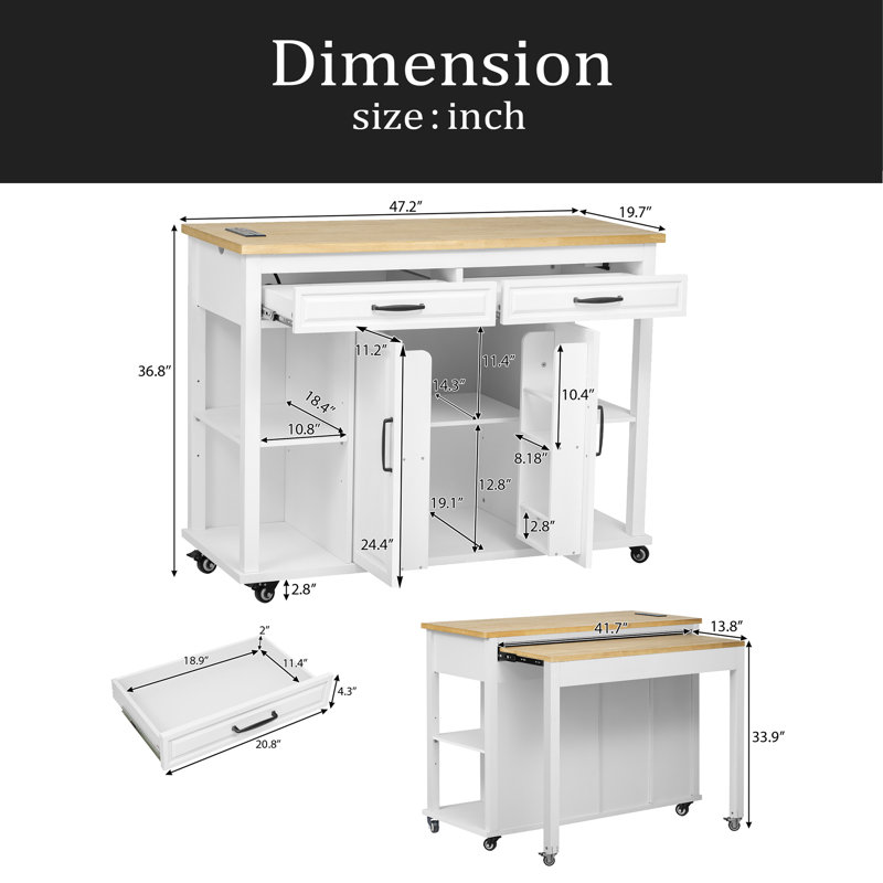 Îlot de cuisine de 47 po avec table de salle à manger extensible, table de cuisine en placage de bois d'hévéa avec support de rangement interne, prise de courant, îlot de cuisine avec rangement 2 tiroirs et 2 armoires