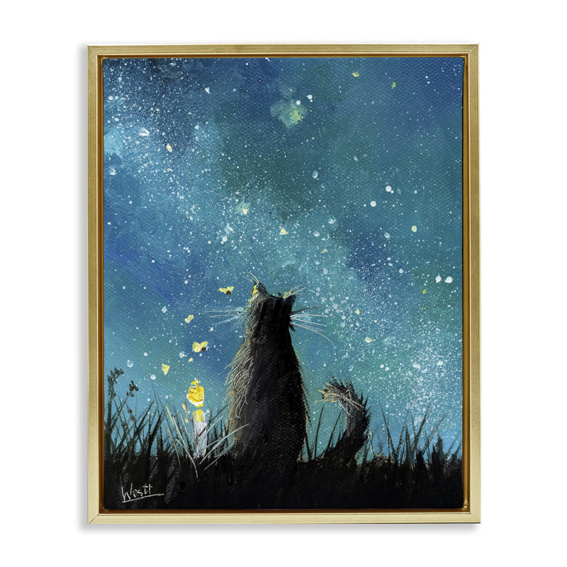 «Cat Gazing at Stars», art mural encadré flottant par Ronald West, Cadre flottant métallique doré, H 21 po x l 17 po