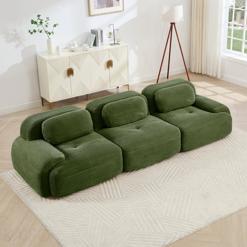 Canapé modulaire 3 places - tissu velours côtelé, accoudoirs courbés, support ergonomique, éponge haute résilience - vert olive