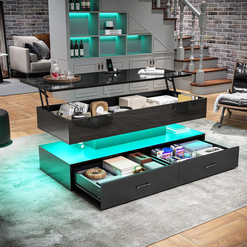Table basse à plateau relevable Farmhouse, tables basses convertibles 4 en 1 avec rangement, Noir, Noir