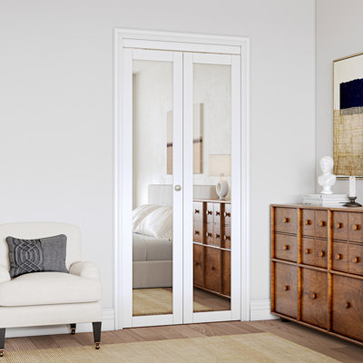 Mirrored Door Solid Wood 30"x80" Bi-Fold Door with Installation Hardware Kit(closet,pantry) White