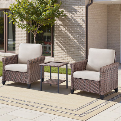 Ensemble de chaises longues d'extérieur 3 pièces - 2 fauteuils en osier PE et table d'appoint avec plateau en verre, ensemble de chaises de patio avec coussins pour porche, patio ou jardin