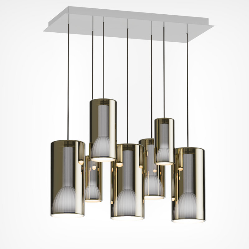 Lit Rectangular Chandelier 7 Pendants, Mirroring Gold