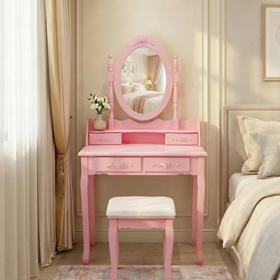 Coiffeuse à maquillage rose avec 4 tiroirs, miroir réglable à 360 ° et bureau d'organisation de chambre à coucher