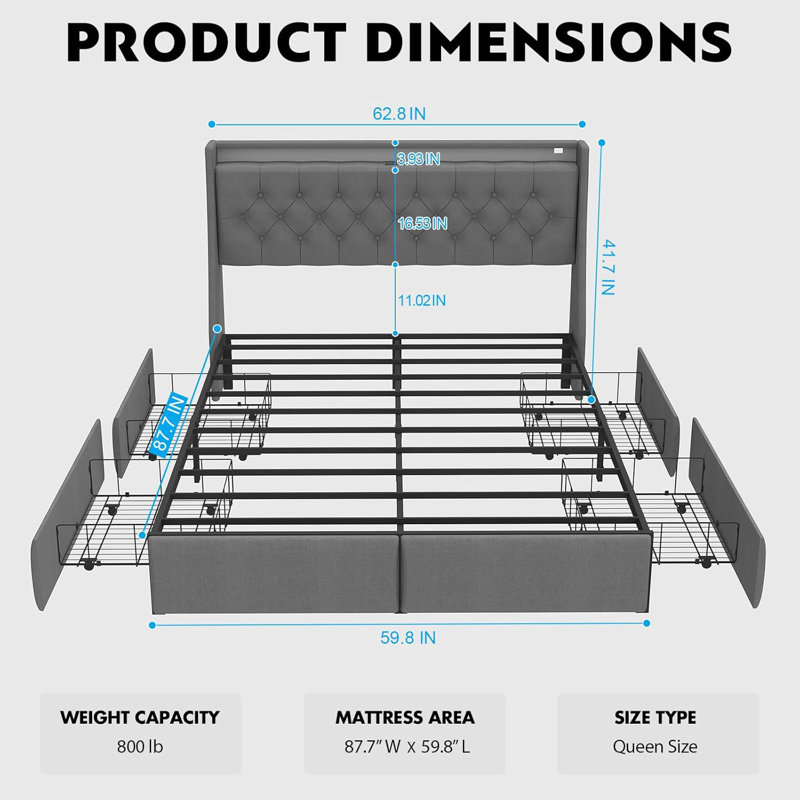 Upholstered Bed Frame with 4 Drawers, Bed with Storage Headboard, Charging Station and LED Lights, Queen