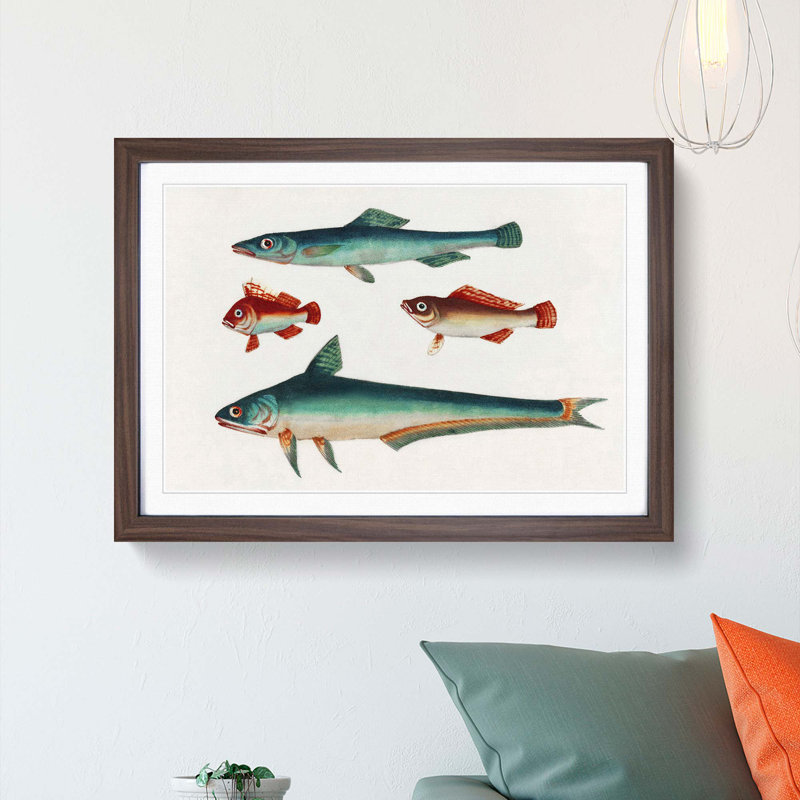 Two Brown and Green Fish - Picture Frame Painting Print, 36cm H x 48cm W x 2cm D, Walnut Framed