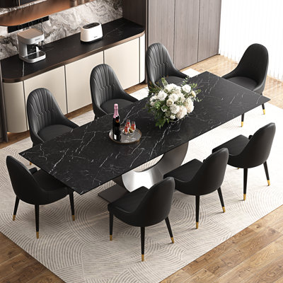 94.5" Extendable Sintered Stone Dining Table Set With 8 Faux Leather Dining Chairs, Modern Luxury 9-Piece Dining Set With U-Shaped Stainless Steel Base