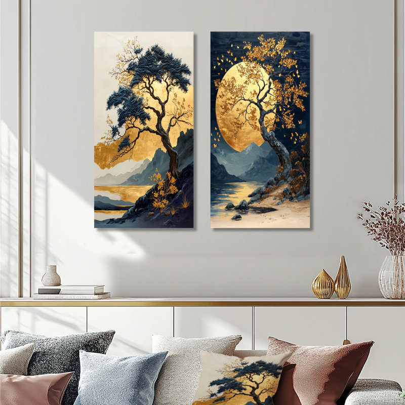 «Blue Twilight Baobab African Tree I», ensemble d'art mural africain 2 pièces, H 32 po x l 32 po, Toile tendue