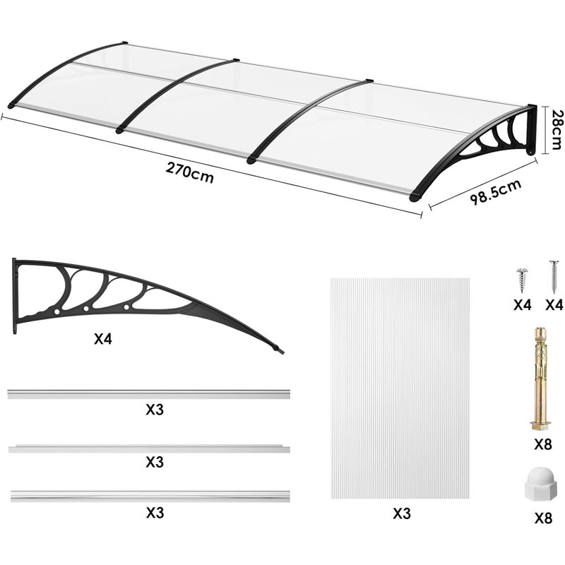 17 Stories 270cm W x 98.5cm D Polycarbonate Cover Retractable Door / Window Awning, Black/White