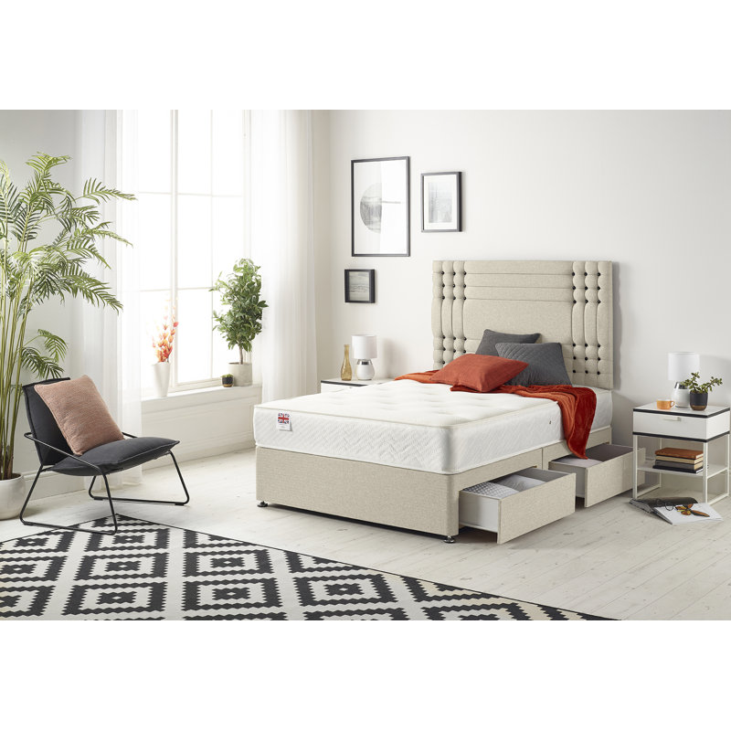 Dennishia Tweed Fabric Divan Bed with Mattress No Headboard, 2 Drawers, Natural, Super King (6')
