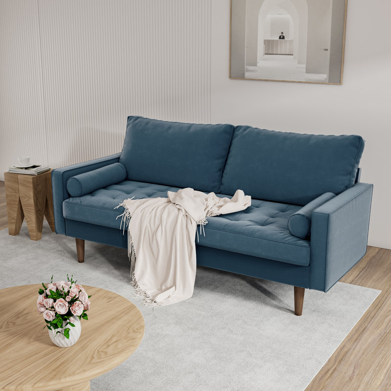 Canapé en velours à accoudoirs carrés de 70 po Brighton, Velours bleu de Prusse