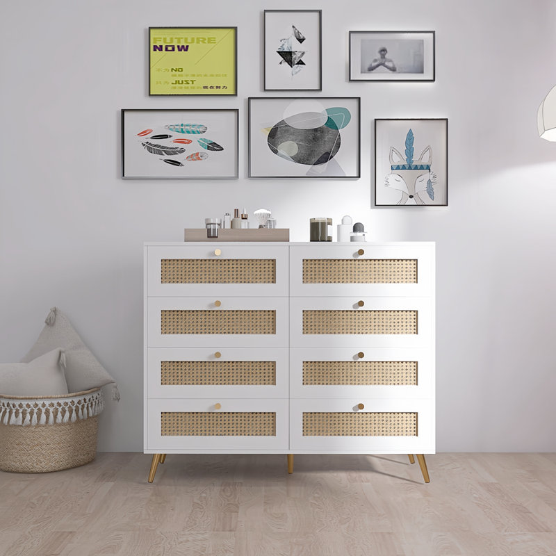 Commode contemporaine 8 tiroirs avec rotin