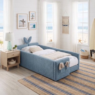 Lit plateforme bleu à double boucle, tête de lit Bunny, barrière de sécurité et poche de rangement latérale