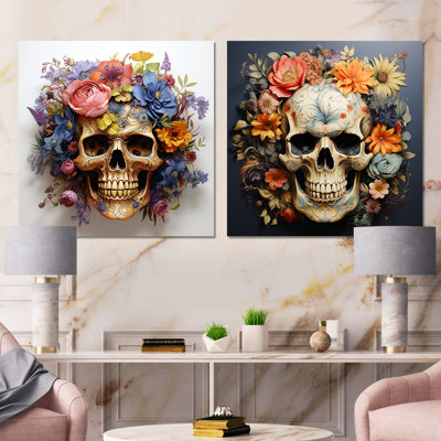 Floral Grin Fashionable Skull In Golden I - Skull Fashion Canvas Prints Set Of 2