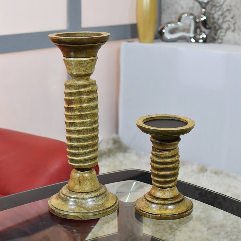 Handmade Brown Wooden Tabletop Candlestick Set