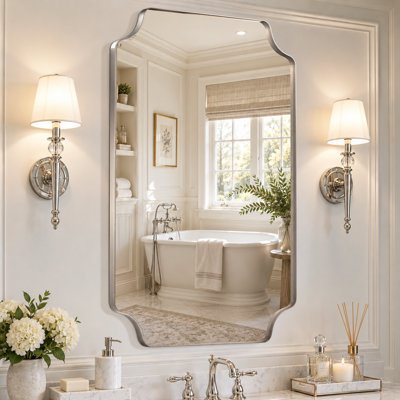 24" x 36" Silver Chrome Octagonal Bathroom Mirror, Scalloped Vanity Wall Mirror with Stainless Steel Frame