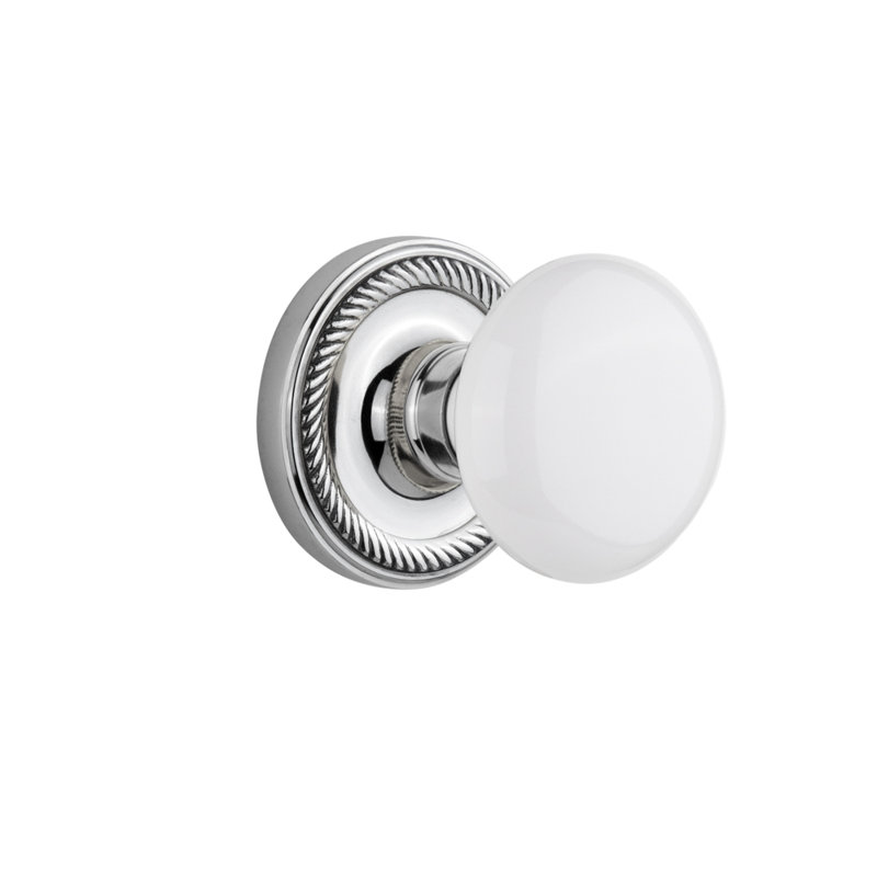 Rosette corde avec bouton de porte en porcelaine blanche, Chrome brillant, 2 3/4 po