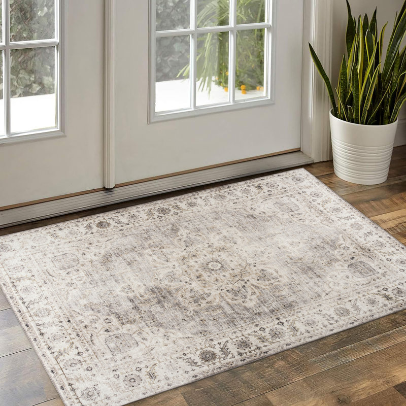 Lefkothea Joy Vintage Beige Ivory Machine Washable Area Rug, Rectangle 2' x 3'