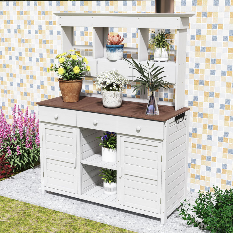 Table de jardin haute avec huche, 6 tiroirs, tablettes, 2 armoires et crochets, Blanc