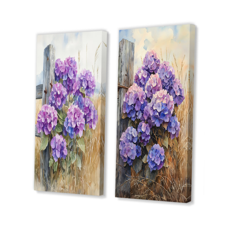 Hortensias à la clôture de la ferme I - impressions sur toile florales 2 panneaux, H 28 po x l 25 po, Toile tendue